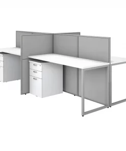 Bush Business Furniture Easy Office 60W 4 Person Cubicle Desk W/ File Cabinets and 45H Panels, Pure White