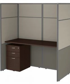 Bush Business Furniture Easy Office 60W Cubicle Desk W/ File Cabinet and 66H Closed Panels Workstation, Mocha Cherry