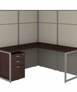 Bush Business Furniture Easy Office 60W L Shaped Cubicle Desk W/ File Cabinet and 66H Panels, Mocha Cherry