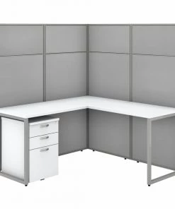 Bush Business Furniture Easy Office 60W L Shaped Cubicle Desk W/ File Cabinet and 66H Panels, Pure White