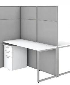 Bush Business Furniture Easy Office 60W 2 Person Cubicle Desk W/ File Cabinets and 66H Panels, Pure White