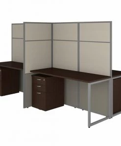 Bush Business Furniture Easy Office 60W 4 Person Cubicle Desk W/ File Cabinets and 66H Panels, Mocha Cherry