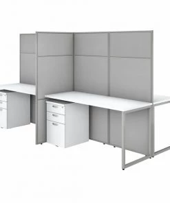 Bush Business Furniture Easy Office 60W 4 Person Cubicle Desk W/ File Cabinets and 66H Panels, Pure White