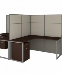 Bush Business Furniture Easy Office 60W 4 Person L Shaped Cubicle Desk W/ Drawers and 66H Panels, Mocha Cherry