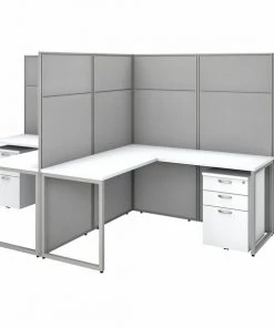 Bush Business Furniture Easy Office 60W 4 Person L Shaped Cubicle Desk W/ Drawers and 66H Panels, Pure White