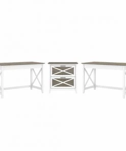 Bush Furniture Key West 2 Person Desk Set W/ Lateral File Cabinet, Pure White and Shiplap Gray