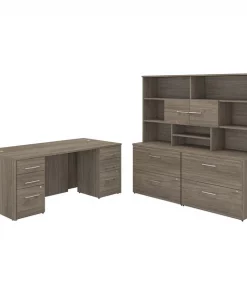Bush Business Furniture Office 500 72W x 36D Executive Desk W/ Drawers, Lateral File Cabinets and Hutch, Modern Hickory