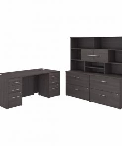 Bush Business Furniture Office 500 72W x 36D Executive Desk W/ Drawers, Lateral File Cabinets and Hutch, Storm Gray