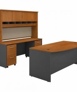 Bush Business Furniture Series C Bow Front Desk W/ Credenza, Hutch and Storage, Natural Cherry