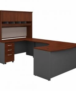Bush Business Furniture Series C 60W Left Handed Bow Front U Shaped Desk W/ Hutch and Storage, Hansen Cherry