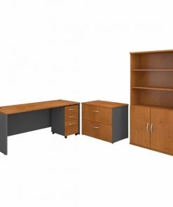 Bush Business Furniture Series C 72W Office Desk W/ Bookcase and File Cabinets, Natural Cherry