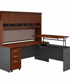 Bush Business Furniture Series C 72Wx30D 3 Position Sit to Stand L Shaped Desk W/ Hutch & Mobile File Cabnt, Cherry/Gry