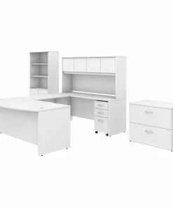 Bush Business Furniture Studio C 72W x 36D U Shaped Desk W/ Hutch, Bookcase and File Cabinets, White