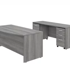 Bush Business Furniture Studio C 72W x 36D Bow Front Desk and Credenza W/ Mobile File Cabinets, Platinum Gray