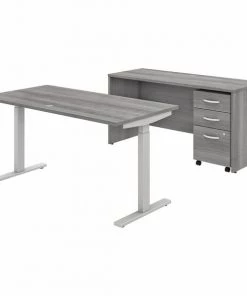 Bush Business Furniture Studio C 60W x 30D Adjstbl Stand Desk, Credenza and Mobile File Cabinet, Platinum Gray