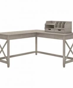 Bush Furniture Key West 60W L Shaped Desk W/ Desktop Organizers in Washed Gray
