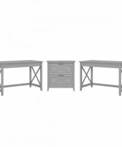 Bush Furniture Key West 2 Person Desk Set W/ Lateral File Cabinet in Cape Cod Gray