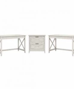 Bush Furniture Key West 2 Person Desk Set W/ Lateral File Cabinet in Linen White Oak