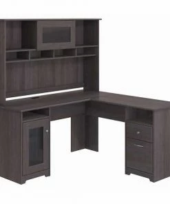 Bush Furniture Cabot 60W L Shaped Computer Desk W/ Hutch in Heather Gray