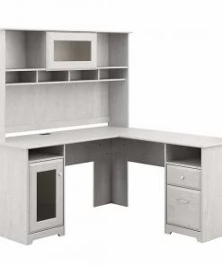 Bush Furniture Cabot 60W L Shaped Computer Desk W/ Hutch in Linen White Oak