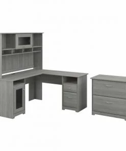 Bush Furniture Cabot 60W L Shaped Computer Desk W/ Hutch and Lateral File Cabinet, Modern Gray