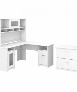 Bush Furniture Cabot 60W L Shaped Computer Desk W/ Hutch and Lateral File Cabinet, White