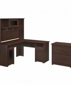 Bush Furniture Cabot 60W L Shaped Computer Desk W/ Hutch and Lateral File Cabinet, Modern Walnut