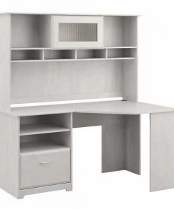 Bush Furniture Cabot 60W Corner Desk W/ Hutch in Linen White Oak