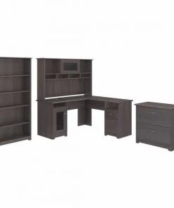 Bush Furniture Cabot L Shaped Desk W/ Hutch, Lateral File Cabinet and 5 Shelf Bookcase, Heather Gray