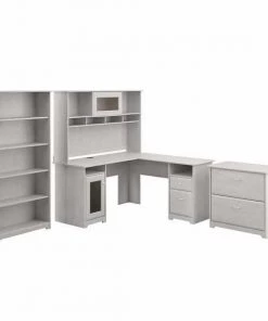 Bush Furniture Cabot L Shaped Desk W/ Hutch, Lateral File Cabinet and 5 Shelf Bookcase, Linen White Oak