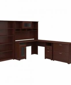Bush Furniture Cabot L Shaped Desk W/ Hutch, Lateral File Cabinet and 5 Shelf Bookcase, Harvest Cherry