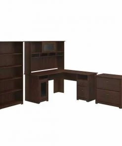 Bush Furniture Cabot L Shaped Desk W/ Hutch, Lateral File Cabinet and 5 Shelf Bookcase, Modern Walnut