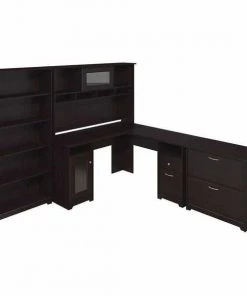 Bush Furniture Cabot L Shaped Desk W/ Hutch, Lateral File Cabinet and 5 Shelf Bookcase, Espresso Oak