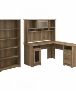 Bush Furniture Cabot 60W L Shaped Computer Desk W/ Hutch and 5 Shelf Bookcase, Reclaimed Pine