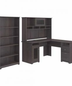 Bush Furniture Cabot 60W L Shaped Computer Desk W/ Hutch and 5 Shelf Bookcase, Heather Gray