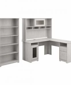 Bush Furniture Cabot 60W L Shaped Computer Desk W/ Hutch and 5 Shelf Bookcase, Linen White Oak