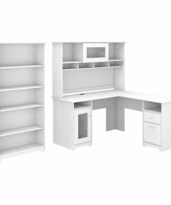 Bush Furniture Cabot 60W L Shaped Computer Desk W/ Hutch and 5 Shelf Bookcase, White