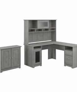Bush Furniture Cabot L Shaped Desk W/ Hutch and Small Storage Cabinet W/ Doors, Modern Gray