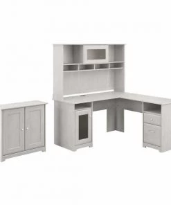 Bush Furniture Cabot L Shaped Desk W/ Hutch and Small Storage Cabinet W/ Doors, Linen White Oak