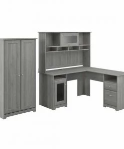 Bush Furniture Cabot L Shaped Desk W/ Hutch and Tall Storage Cabinet W/ Doors, Modern Gray