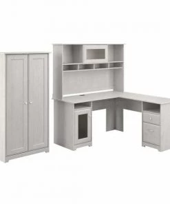 Bush Furniture Cabot L Shaped Desk W/ Hutch and Tall Storage Cabinet W/ Doors, Linen White Oak