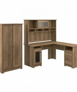 Bush Furniture Cabot L Shaped Desk W/ Hutch and Tall Storage Cabinet W/ Doors, Reclaimed Pine