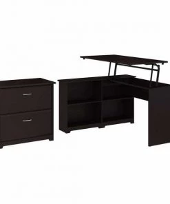 Bush Furniture Cabot 52W 3 Position Sit to Stand Corner Bookshelf Desk W/ Lateral File Cabinet, Espresso Oak