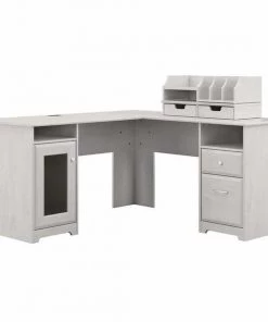 Bush Furniture Cabot 60W L Shaped Computer Desk W/ Desktop Organizers, Linen White Oak