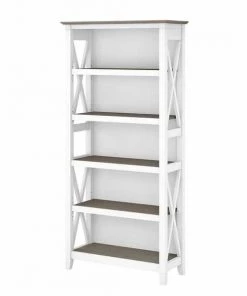 Bush Furniture Key West Tall 5 Shelf Bookcase in Pure White and Shiplap Gray