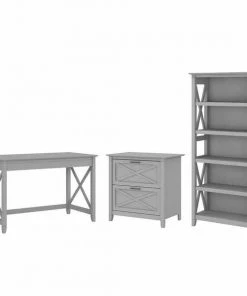 Bush Furniture Key West 48W Writing Desk W/ 2 Drawer Lateral File Cabinet and 5 Shelf Bookcase, Cape Cod Gray