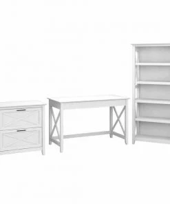 Bush Furniture Key West 48W Writing Desk W/ 2 Drawer Lateral File Cabinet and 5 Shelf Bookcase, Pure White Oak