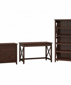 Bush Furniture Key West 48W Writing Desk W/ 2 Drawer Lateral File Cabinet and 5 Shelf Bookcase, Bing Cherry