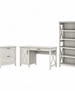 Bush Furniture Key West 54W Computer Desk W/ 2 Drawer Lateral File Cabinet and 5 Shelf Bookcase, Linen White Oak