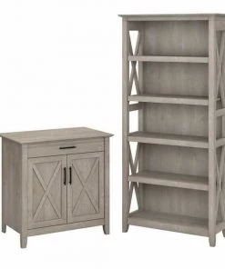 Bush Furniture Key West Secretary Desk W/ Storage and 5 Shelf Bookcase in Washed Gray
